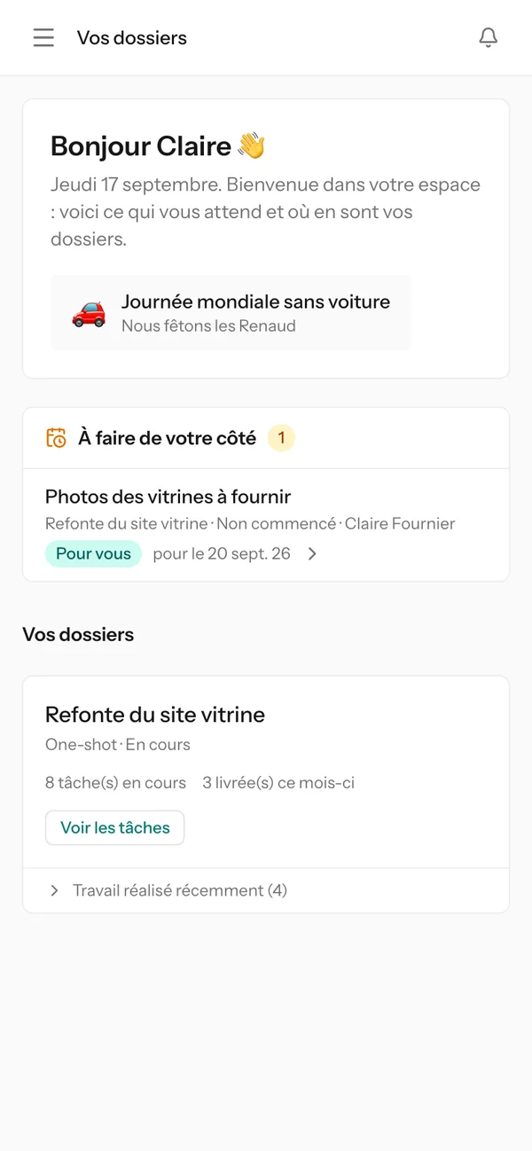 Espace client sur téléphone : message de bienvenue et tâches à faire