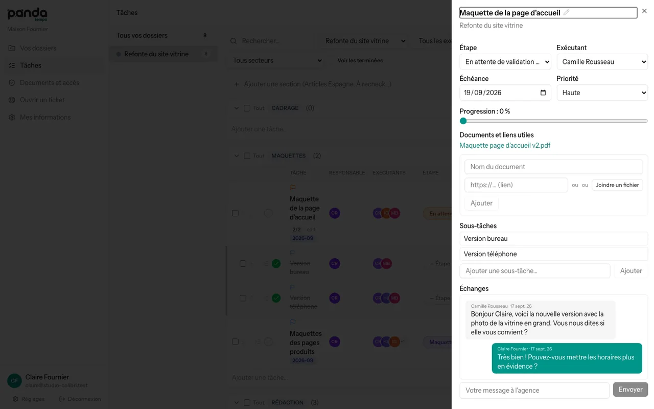 Détail d'une tâche : sous-tâches, document joint et échanges avec le client
